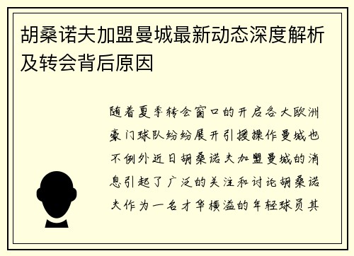 胡桑诺夫加盟曼城最新动态深度解析及转会背后原因