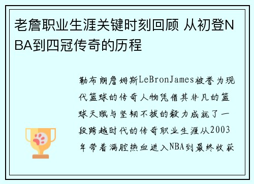 老詹职业生涯关键时刻回顾 从初登NBA到四冠传奇的历程 老詹职业生涯关键时刻回顾 从初登NBA到四冠传奇的历程